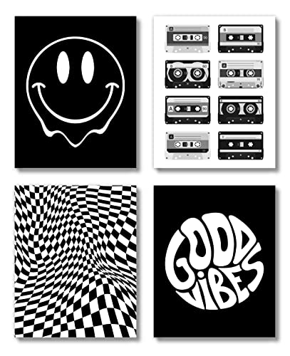 Brooke & Vine Teen Tween Girl Boy 70's 80's Retro Posters Wall Art Prints (UNFRAMED 8 x 10) Vintage Good Vibes Smiley Face Black and White Bathroom Wall Decor, Restroom, Bedroom, Dorm, Posters (Smiley Checkerboard Cassette Tapes - Black and White)