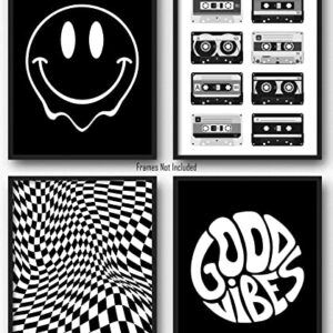 Brooke & Vine Teen Tween Girl Boy 70's 80's Retro Posters Wall Art Prints (UNFRAMED 8 x 10) Vintage Good Vibes Smiley Face Black and White Bathroom Wall Decor, Restroom, Bedroom, Dorm, Posters (Smiley Checkerboard Cassette Tapes - Black and White)