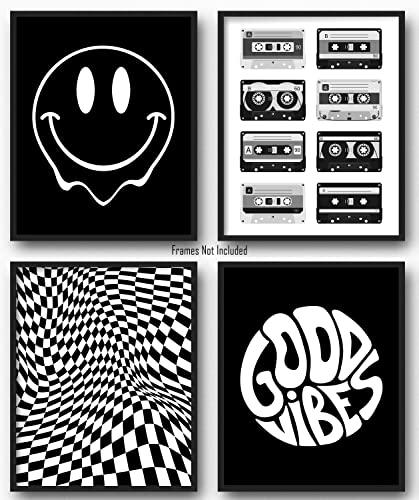 Brooke & Vine Teen Tween Girl Boy 70's 80's Retro Posters Wall Art Prints (UNFRAMED 8 x 10) Vintage Good Vibes Smiley Face Black and White Bathroom Wall Decor, Restroom, Bedroom, Dorm, Posters (Smiley Checkerboard Cassette Tapes - Black and White)