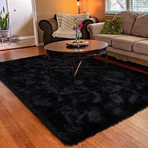 Fosirug Rugs for Bedroom Long Plush 4x6 Feet Area Rug for Living Room Ultra Soft Shaggy Carpet for Home Decor Fluffy Mat Faux Fur Rug for Bedside Nursery Kids Room College Drom, Black