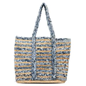 Olivia Miller Women's Fashion Ally Natural Beige w Blue Denim Straw Jute Tote Bag w Top Handles, Medium Boho Casual Purse Handbag