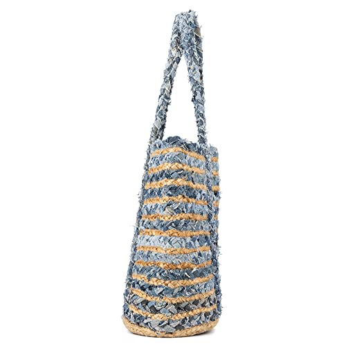 Olivia Miller Women's Fashion Ally Natural Beige w Blue Denim Straw Jute Tote Bag w Top Handles, Medium Boho Casual Purse Handbag