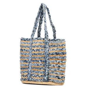 Olivia Miller Women's Fashion Ally Natural Beige w Blue Denim Straw Jute Tote Bag w Top Handles, Medium Boho Casual Purse Handbag