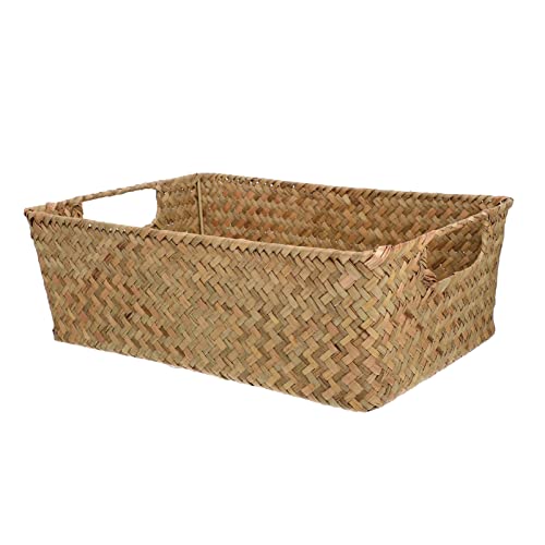 DOITOOL Large Woven Basket for Storage Natural Wicker Basket for Organizing, Wicker Storage Basket with Handle for Pantry, Hand Woven Basket for Bedroom, Living, Shelves, Beige, 33X23X11CM