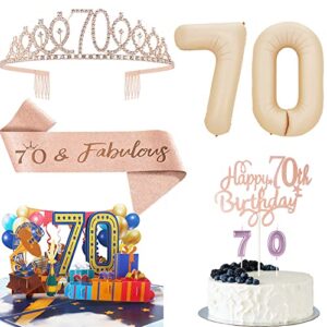 70th Birthday Gifts for Women - 70th Birthday Decorations Women Includes Birthday 3D Pop Up Card,Tiara Crown,Sash,Cake Toppers,Balloons,Candles with Gift Box