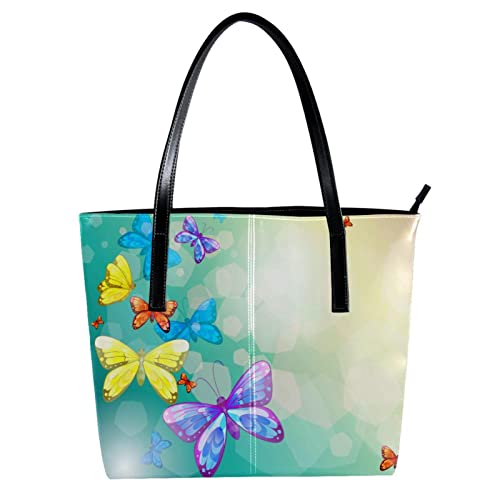 Tote Shoulder Bag for Women, Large Leather Handbags for Travel Work Beach Outdoors Butterfly Blue