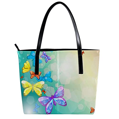 Tote Shoulder Bag for Women, Large Leather Handbags for Travel Work Beach Outdoors Butterfly Blue