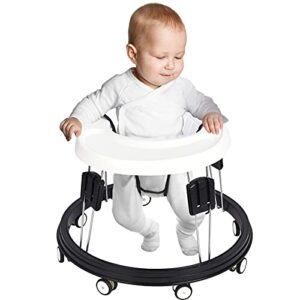 langyi adjustable baby walkers for baby with easy clean tray, universal wheeled walker, anti-rollover folding walker for girls boys 6-18months toddler, white, 1.0 count