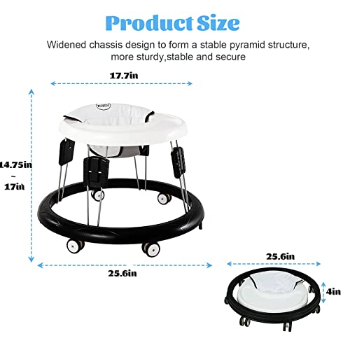 LANGYI Adjustable Baby Walkers for Baby with Easy Clean Tray, Universal Wheeled Walker, Anti-Rollover Folding Walker for Girls Boys 6-18Months Toddler, White, 1.0 Count