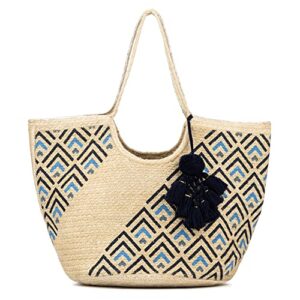 olivia miller women’s fashion maggy natural beige w geometric print straw jute tote bag w top handles, medium boho casual purse handbag