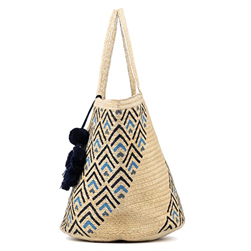 Olivia Miller Women's Fashion Maggy Natural Beige w Geometric Print Straw Jute Tote Bag w Top Handles, Medium Boho Casual Purse Handbag