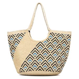 Olivia Miller Women's Fashion Maggy Natural Beige w Geometric Print Straw Jute Tote Bag w Top Handles, Medium Boho Casual Purse Handbag