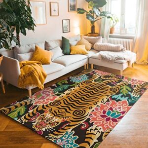 bohemian tibetan tiger and floral area rug, vintage tiger area rug colorful moroccan rug, tiger rugs for living room,tiger print rug animal printed, jungle theme rugs for nursery, funky rugs, 3x5ft