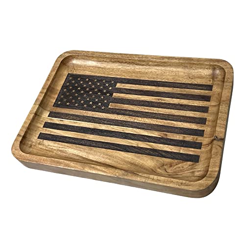 Guard The Line American Flag Valet Tray – Acacia Wood Catch All Tray, EDC Tray – Every Day Carry Bedside Tray, Dump Tray EDC Organizer, Nightstand Tray, Decorative Tray, Key Tray, 11 x 7.75 x 1 inches