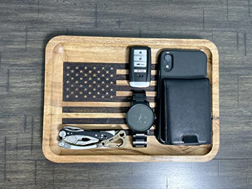 Guard The Line American Flag Valet Tray – Acacia Wood Catch All Tray, EDC Tray – Every Day Carry Bedside Tray, Dump Tray EDC Organizer, Nightstand Tray, Decorative Tray, Key Tray, 11 x 7.75 x 1 inches