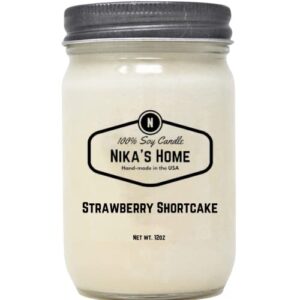 nika’s home strawberry shortcake, soy candle 12oz mason jar non-toxic white soy candle-hand poured handmade, long burning 50-60 hours highly scented all natural, valentines day gifts