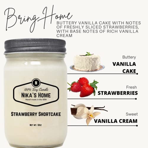 Nika's Home Strawberry Shortcake, Soy Candle 12oz Mason Jar Non-Toxic White Soy Candle-Hand Poured Handmade, Long Burning 50-60 Hours Highly Scented All Natural, Valentines Day Gifts