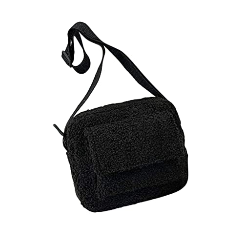 Women Plush Shoulder Bag Crossbody Handbag Lamb Wool Messenger Bag Fluffy Tote Bag (Black, One Size)