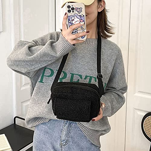 Women Plush Shoulder Bag Crossbody Handbag Lamb Wool Messenger Bag Fluffy Tote Bag (Black, One Size)