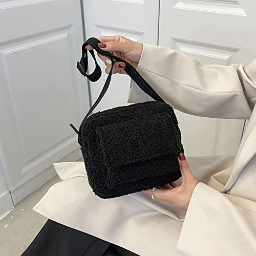 Women Plush Shoulder Bag Crossbody Handbag Lamb Wool Messenger Bag Fluffy Tote Bag (Black, One Size)