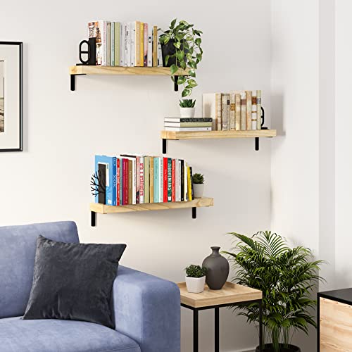 SHELFIN NOTA 24"x5.5" Wall Bookshelf Rustic Floating Shelves for Storage Living Room Decor Office Supplies & Kitchen Organizer Bathroom Shelves Set of 3 Burnt Finish