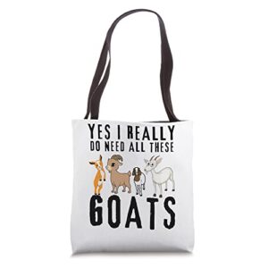 funny goat quote, yes i really do need all these goats lover tote bag