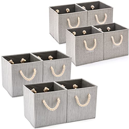 EZOWare Set of 8 Foldable Fabric Storage Cube Bins with Cotton Rope Handle, Collapsible Resistant Basket Box Organizer for Shelves Closet Toys and More – Gray