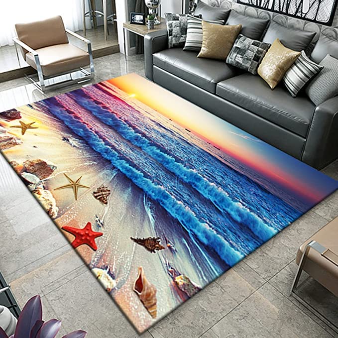 Sunset Beach Area Rug Folding Resistance Shells Starfish Floor Mat Sea Themed Anti-Slip Soft Carpet for Living Room Bathroom 79*63 Inches