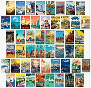 xiangling 50pcs travel posters wall collage kit,trendy urban travel vintage aesthetic wall decor,album style photo collection collage dorm decor for girl and boy teens(4″x6″)