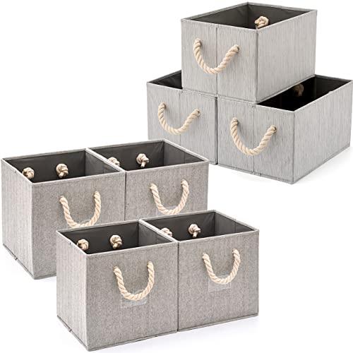 EZOWare Set of 7 Foldable Fabric Storage Cube Bins with Cotton Rope Handle, Collapsible Resistant Basket Box Organizer for Shelves Closet Toys and More – Gray