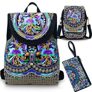 3 pcs women vintage embroidery ethnic handmade backpack flower crossbody bag purse travel shoulder bag(purple rose)