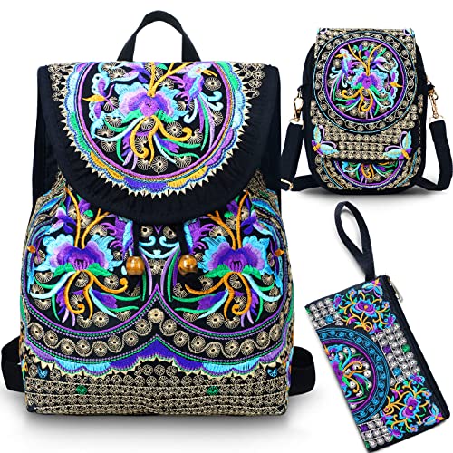 3 Pcs Women Vintage Embroidery Ethnic Handmade Backpack Flower Crossbody Bag Purse Travel Shoulder Bag(Purple Rose)