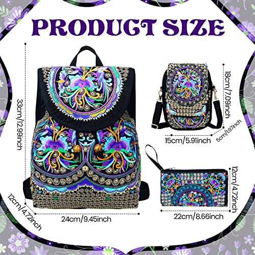 3 Pcs Women Vintage Embroidery Ethnic Handmade Backpack Flower Crossbody Bag Purse Travel Shoulder Bag(Purple Rose)