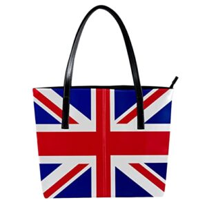 united kingdom flag tote bag for women girls, leather shoulder bag with inside pockets, zip top handbags