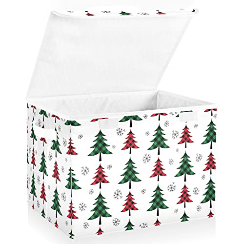 WIHVE Storage Bin with Lids Christmas Tree Plaid Snowflake Foldable Storage Boxes with Handles