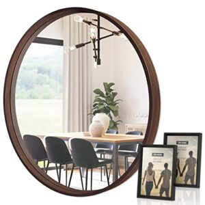 emi home round wood mirror, 30 inch diameter circle mirror wood frame with two picture frames 5×7, wood frame vanity mirror, round wooden mirror decor foyer living room, walnut woodgrain finish