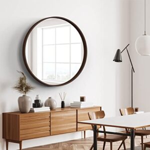 EMI HOME Round Wood Mirror, 30 Inch Diameter Circle Mirror Wood Frame with Two Picture Frames 5x7, Wood Frame Vanity Mirror, Round Wooden Mirror Decor Foyer Living Room, Walnut Woodgrain Finish