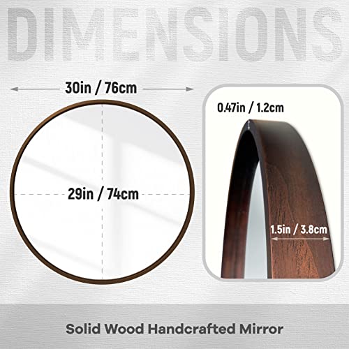 EMI HOME Round Wood Mirror, 30 Inch Diameter Circle Mirror Wood Frame with Two Picture Frames 5x7, Wood Frame Vanity Mirror, Round Wooden Mirror Decor Foyer Living Room, Walnut Woodgrain Finish