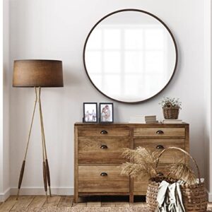 EMI HOME Round Wood Mirror, 30 Inch Diameter Circle Mirror Wood Frame with Two Picture Frames 5x7, Wood Frame Vanity Mirror, Round Wooden Mirror Decor Foyer Living Room, Walnut Woodgrain Finish