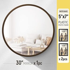 EMI HOME Round Wood Mirror, 30 Inch Diameter Circle Mirror Wood Frame with Two Picture Frames 5x7, Wood Frame Vanity Mirror, Round Wooden Mirror Decor Foyer Living Room, Walnut Woodgrain Finish