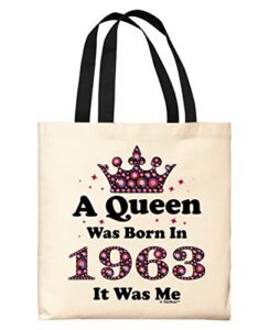 60th birthday decorations for men a queen was born in 1963 it was me black handle canvas tote bag