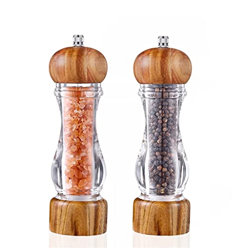 WDBBY Manual Acrylic Salt and Pepper Grinder Set Wooden Shakers With Adjustable Ceramic Core Spice Mill Kitchen Tools