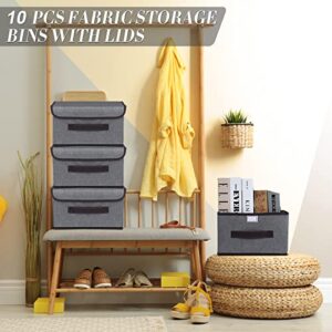 10 Pcs Fabric Storage Bins with Lids Foldable Storage Boxes Decorative Storage Container Fabric Storage Baskets for Organizing Clothes Closet Home Office Bedroom Toy, (Gray, 10.2 x 7.5 x 6.3 In)