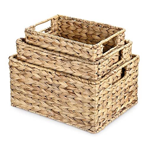 Handwoven Basket Set, 3Pack Water Hyacinth Toilet Paper Basket, Set of Hand-Woven Natural Wicker Storage Basket 14" x 11" x 6 7/8" L, 12 5/8" x 9 7/16" x 5 11/16"M ,11" x 7 7/8" x 4 1/8" S