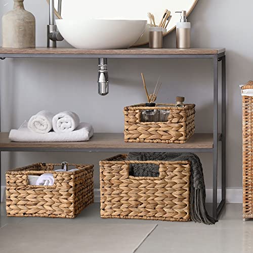 Handwoven Basket Set, 3Pack Water Hyacinth Toilet Paper Basket, Set of Hand-Woven Natural Wicker Storage Basket 14" x 11" x 6 7/8" L, 12 5/8" x 9 7/16" x 5 11/16"M ,11" x 7 7/8" x 4 1/8" S