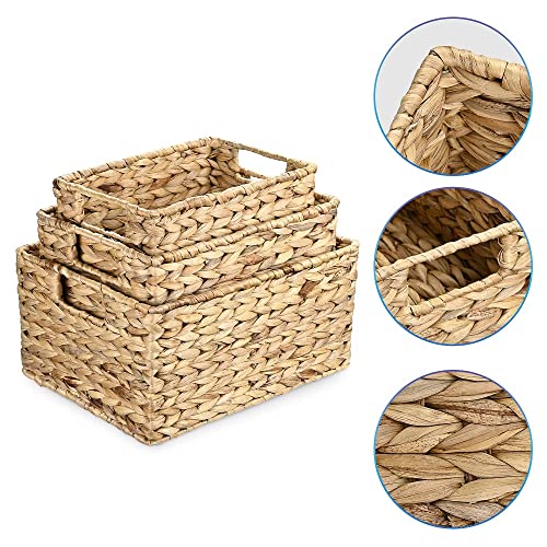 Handwoven Basket Set, 3Pack Water Hyacinth Toilet Paper Basket, Set of Hand-Woven Natural Wicker Storage Basket 14" x 11" x 6 7/8" L, 12 5/8" x 9 7/16" x 5 11/16"M ,11" x 7 7/8" x 4 1/8" S