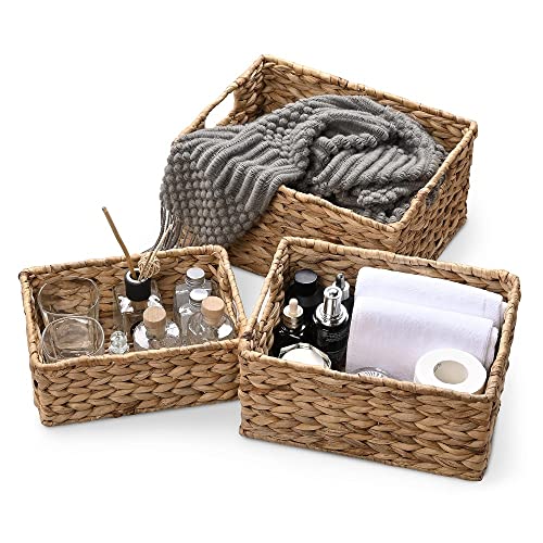 Handwoven Basket Set, 3Pack Water Hyacinth Toilet Paper Basket, Set of Hand-Woven Natural Wicker Storage Basket 14" x 11" x 6 7/8" L, 12 5/8" x 9 7/16" x 5 11/16"M ,11" x 7 7/8" x 4 1/8" S