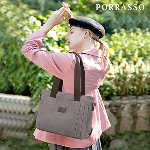 PORRASSO Women Crossbody Bag Canvas Handbag Casual Shoulder Bag Multi-pocket Messenger Bag Ladies Satchel for Daily Use Grey