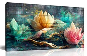 flower canvas wall art for living room, teal wall decor for bedroom vintage lotus painting art stretched and framed ready to hang floral retro prints artwork for home aesthetic decoration size 40″x20″