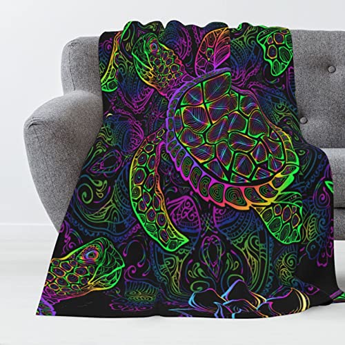 Psychedelic Sea Turtle Fleece Throw Blanket Plush Soft Throw for Couch Bed Sofa, 90 in X 66 in